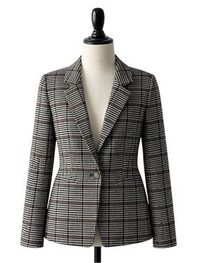 LOFT Brown and Black Plaid Single-Button Blazer with Notch Lapel, Size 4